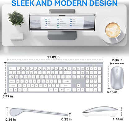 Wireless Keyboard and Mouse Combo, Full Size Keyboard and Mouse, Long Battery Life, Optical Mouse, 2.4G Lag-Free Cordless Mice Keyboard Set Ultra Slim Design for Computer, Laptop, PC, Mac (Silver)