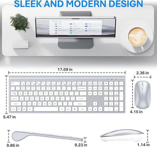 Wireless Keyboard and Mouse Combo, Full Size Keyboard and Mouse, Long Battery Life, Optical Mouse, 2.4G Lag-Free Cordless Mice Keyboard Set Ultra Slim Design for Computer, Laptop, PC, Mac (Silver)