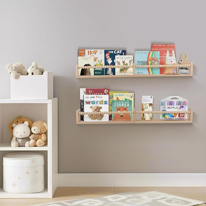 Nursery Book Shelves - Wall Mounted Set of 2, 32 inches Wooden Floating Bookshelves for Kids' Room and Study Room