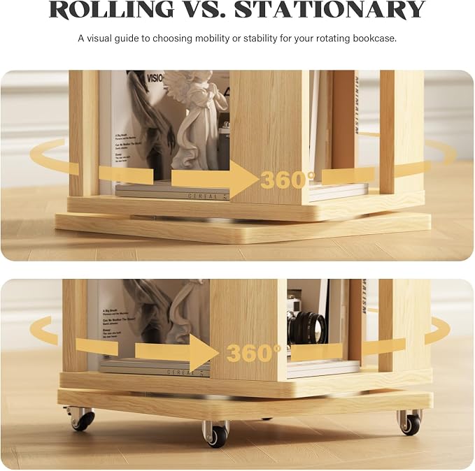 5 Tier Solid Wood Rotating Bookshelf Tower on Wheels, 360° Upgrade Spinning Book Shelf, Revolving Bookcase Organizer, Swivel Bookshelves for Small Spaces, Corner, Bedroom, Kids Room (Warm Wood)