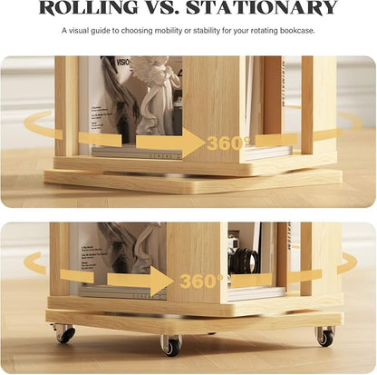 5 Tier Solid Wood Rotating Bookshelf Tower on Wheels, 360° Upgrade Spinning Book Shelf, Revolving Bookcase Organizer, Swivel Bookshelves for Small Spaces, Corner, Bedroom, Kids Room (Warm Wood)