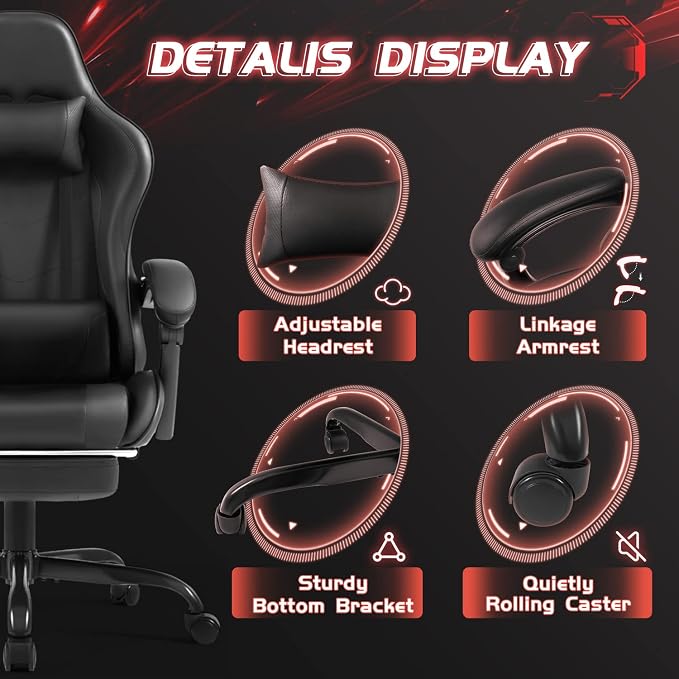 Shahoo Gaming Chair with Footrest and Massage Lumbar Support, Ergonomic Computer Chairs 360°Swivel and Height Adjustable Seat with Headrest for Office or Bedroom, Study Room, Black