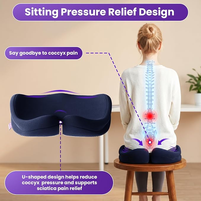 ZZ-WELL Seat Cushions for Office Chairs, Patented Pressure Relief Coccyx Cushion for Tailbone Pain, Memory Foam Butt Pillows for Wheelchair Car Sitting, Carrying Handle, Non-Slip (Navy Blue, Large)