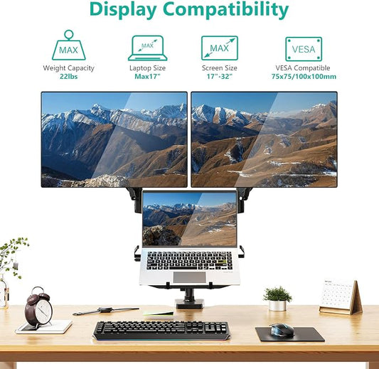 WALI Triple Arm Laptop and Dual Monitor Desk Mount for 17" Notebook and Up to 32" Screens, Adjustable Monitor Arms with Tilt Swivel Rotation, VESA 75x75 100x100, Black (GSDM003LP)