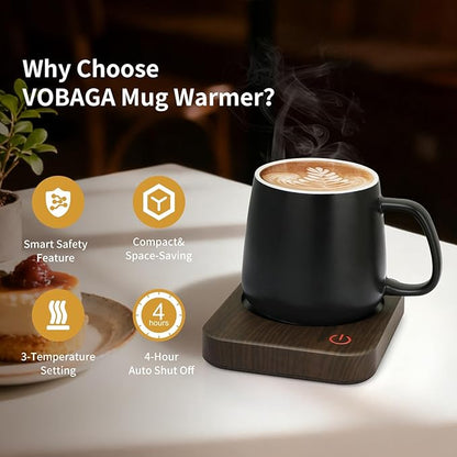 VOBAGA Coffee Mug Warmer for Desk with Auto Shut Off & 3-Temp Settings, Coffee Cup Warmer with Smart Safety Alert Home Office Accessory, Perfect for Coffee, Tea, Milk (Wood)