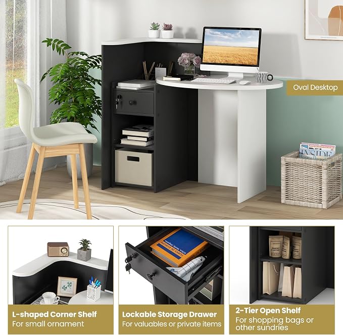 Giantex Reception Desk, Front Counter Desk with Lockable Drawer, Checkout Table with Round Tabletop, Corner Shelf & Adjustable Shelf for Office Beauty Salon Retail Store (Black & White)
