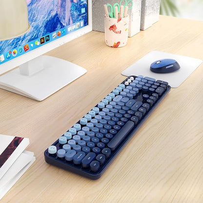 Nowlike Wireless Keyboard and Mouse Combo, Retro Typewriter Keyboard with Round Keycaps, Full-Size Ergonomic, Blue, Ideal for Windows PC, Home, Office, and College, Wireless Keyboard Mouse Combo