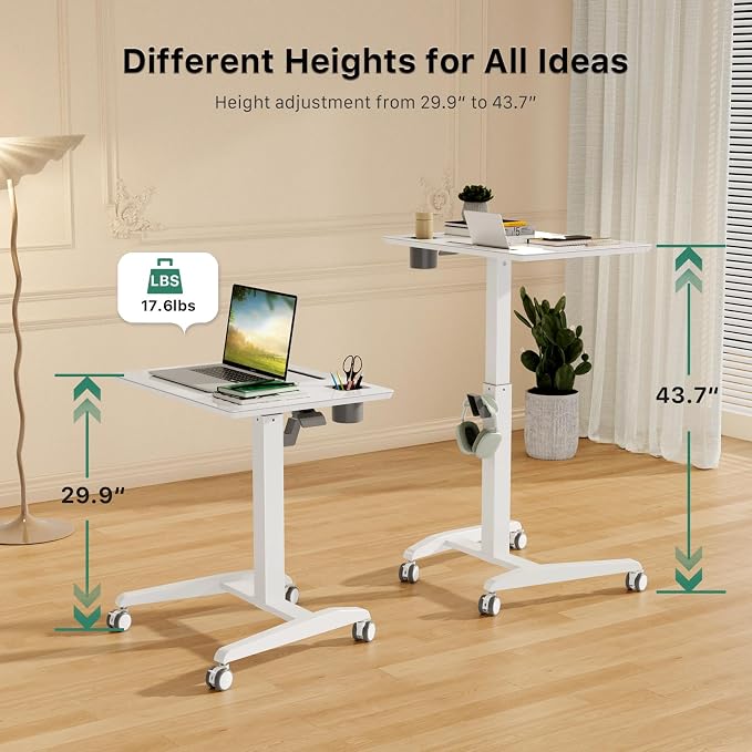 Gibbon Mounts Glass Mobile Standing Desk, Height Adjustable Rolling Laptop Table, 27 inches Portable Sit Stand Desk with Wheels and Hook, Pneumatic Computer Workstation, White