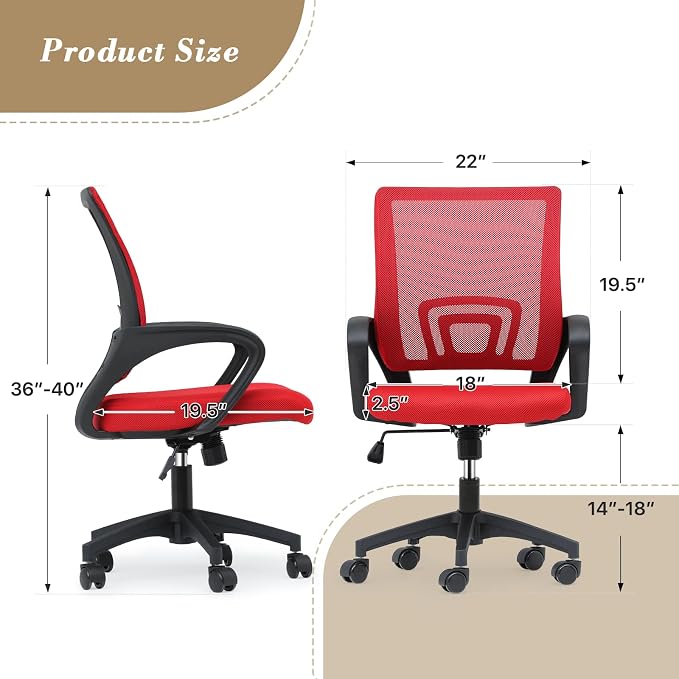 Office Chair Ergonomic - Mesh Desk Chair with Lumbar Support & Wide Seat (300Lbs Capacity) Adjustable Height, Swivel Wheels - for Home Office, Gaming, Bedroom