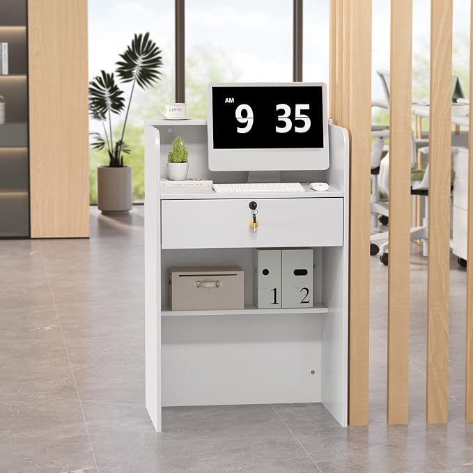 OmySalon Reception Desk with Counter, Small Front Desk w/Lockable Drawer, Wooden Modern Reception Table for Salon Lobby Office Home (White, 24)