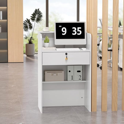 OmySalon Reception Desk with Counter, Small Front Desk w/Lockable Drawer, Wooden Modern Reception Table for Salon Lobby Office Home (White, 24)