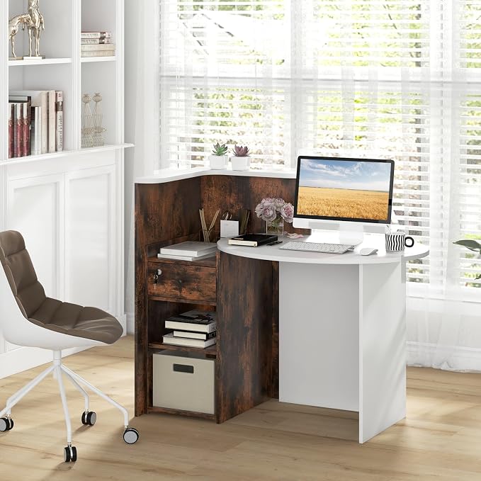 Giantex Reception Desk, Front Counter Desk with Lockable Drawer, Checkout Table with Round Tabletop, Corner Shelf & Adjustable Shelf for Office Beauty Salon Retail Store (Brown & White)