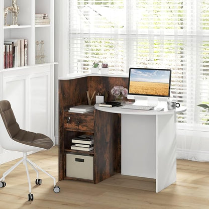 Giantex Reception Desk, Front Counter Desk with Lockable Drawer, Checkout Table with Round Tabletop, Corner Shelf & Adjustable Shelf for Office Beauty Salon Retail Store (Brown & White)