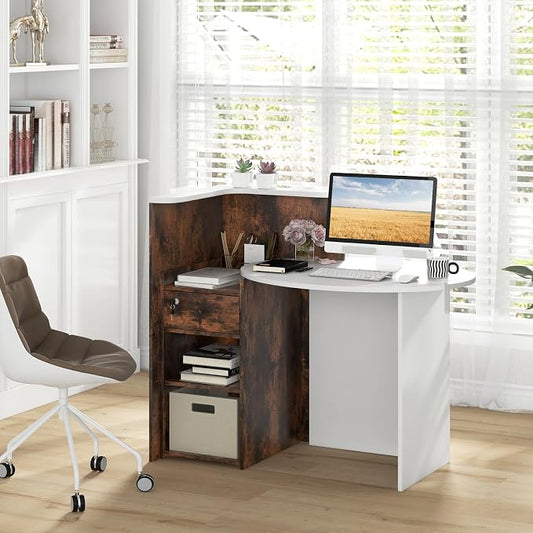 Giantex Reception Desk, Front Counter Desk with Lockable Drawer, Checkout Table with Round Tabletop, Corner Shelf & Adjustable Shelf for Office Beauty Salon Retail Store (Brown & White)