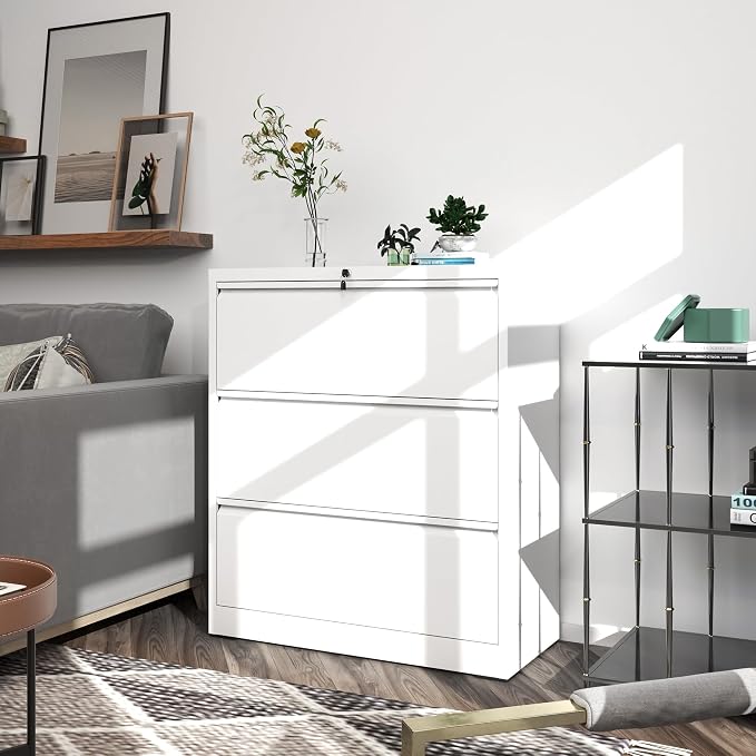 File Cabinets 3 Drawer,Metal Office Storage Filing Cabinet with Lock,White Lateral Filing Cabinet for Home Office,Horizontal Locking File Cabinets for Legal/Letter/A4 Files,Assembly Required