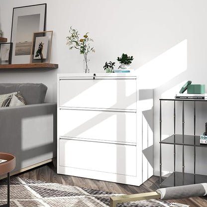 File Cabinets 3 Drawer,Metal Office Storage Filing Cabinet with Lock,White Lateral Filing Cabinet for Home Office,Horizontal Locking File Cabinets for Legal/Letter/A4 Files,Assembly Required