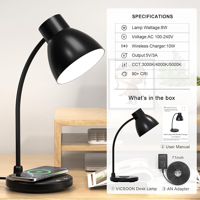 Desk Lamp with Wireless Charger, LED Desk Lamps for Home Office, 800 Lumens, Small Desk Lamp with Pen Holder, Flexible Arm, 3 Modes, Dimming, Touch Lamp for College Dorm Room