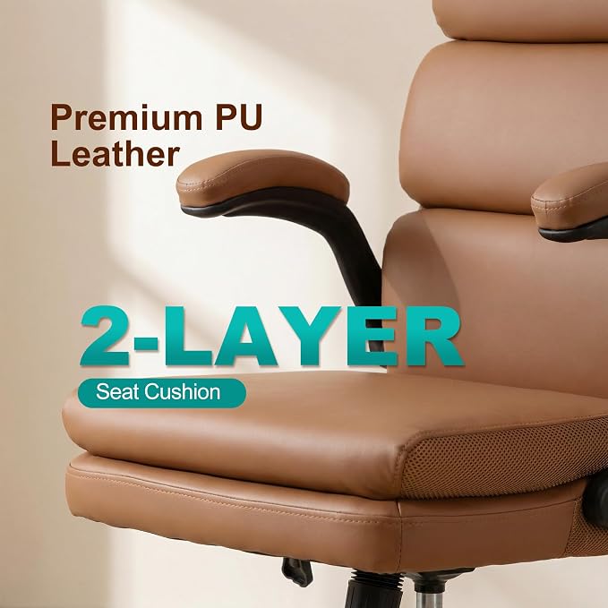 Mid Back Office Desk Chair,Leather Conference Room Chairs,Ergonomic Home Computer Chair,Modern Executive Chair with Padded Flip-up Armrest and Swivel Wheels (Brown)