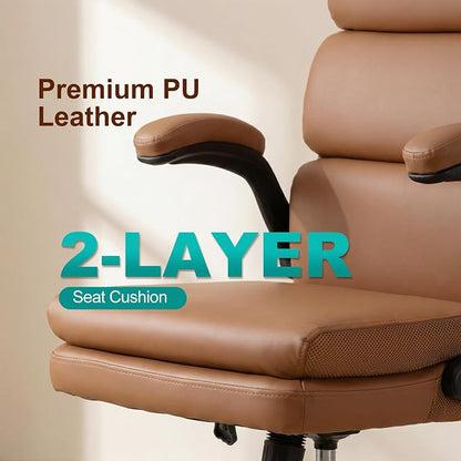 Mid Back Office Desk Chair,Leather Conference Room Chairs,Ergonomic Home Computer Chair,Modern Executive Chair with Padded Flip-up Armrest and Swivel Wheels (Brown)