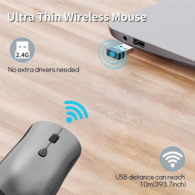 Wireless Mouse for Chromebook, Laptop, PC, Macbook, Slim Portable Optical Computer Mouse with USB Mini Receiver, Quiet Click, 2400 DPI, 2.4GHz Cordless Silent Travel Mobile mice -Space Gray & Black