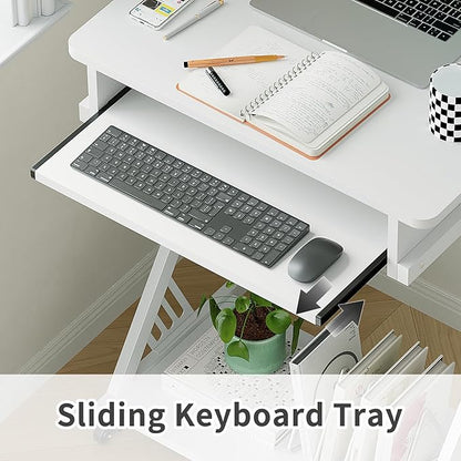 ALISENED 2 Tier Computer Desk with Keyboard Tray, 23.6" Home Office Desk Computer Workstation Rolling Study PC Laptop Table for Small Spaces,Z-Shaped Small Compact Study Table,White