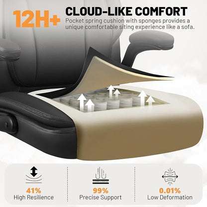 BestGlory Ergonomic Office Chair, PU Leather Executive Desk Chair with Adjustable Headrest, Flip-Up Arms and Lumbar Support, High Back Computer Chair for Home Office, Remote Work, Gaming, Black