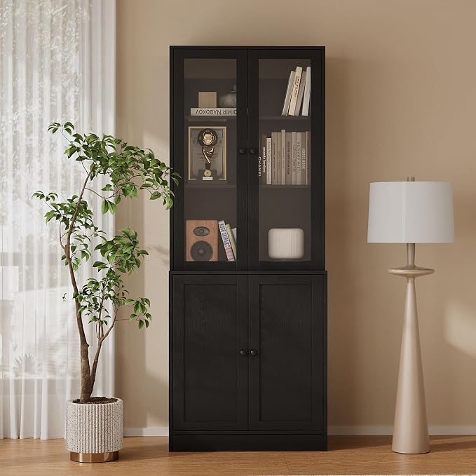TUSY 71'' Bookshelf with Doors - 5 Tier Freestanding Tall Bookcase, Modern Storage Cabinet for Home Office, Curio Cabinets with Glass Door for Living Room, Bedroom (1, Black)