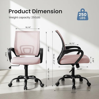 DUMOS Home Office Chair - Ergonomic Mid Back Mesh Desk Chair with Lumbar Support & Rocking Mode, Height Adjustable with Fixed Armrest, for Computer, Gaming, Meeting, 360° Swivel, Pink