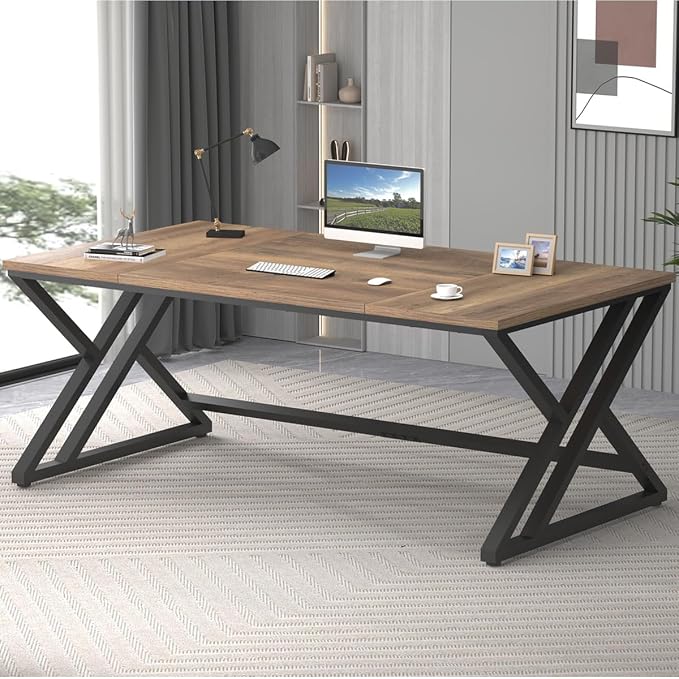 LVB Rustic Large Computer Desk, Industrial Extra Long Home Office Desk, Wood Pc Writing Work Study Computer Table Desk, Farmhouse Workstation Gaming Executive Desk for 2 Person, Rustic Oak, 70 Inch