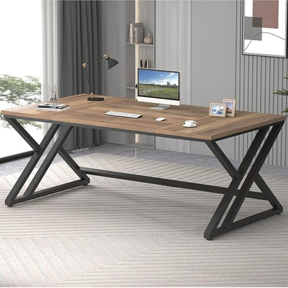 LVB Rustic Large Computer Desk, Industrial Extra Long Home Office Desk, Wood Pc Writing Work Study Computer Table Desk, Farmhouse Workstation Gaming Executive Desk for 2 Person, Rustic Oak, 70 Inch