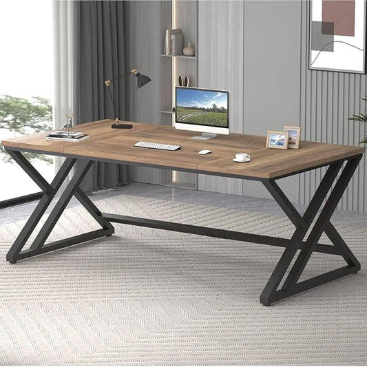 LVB Rustic Large Computer Desk, Industrial Extra Long Home Office Desk, Wood Pc Writing Work Study Computer Table Desk, Farmhouse Workstation Gaming Executive Desk for 2 Person, Rustic Oak, 70 Inch