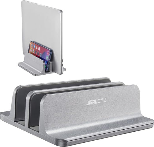JARLINK Vertical Laptop Stand Holder, Aluminum Double Desktop Stand Holder with Adjustable Dock (Up to 17.3 inch), Compatible with MacBook, Surface, Chromebook, and Gaming Laptops, Grey