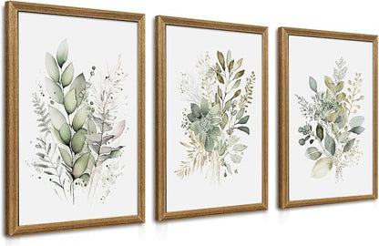 WRFON Framed Sage Green Botanical Wall Art Set of 3, Watercolor Eucalyptus & Wild Plant Canvas Prints, Minimalist Green Wall Decor for Living Room Bedroom Bathroom, 20x30 Inches
