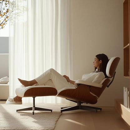 Mid Century Lounge Chair with Ottoman,Top Grain Leather Accent Chair,Chase Lounge Chair Indoor, Modern Chair Classic Design, Heavy Duty Base Support for Living Room Office Premium, Palisander White