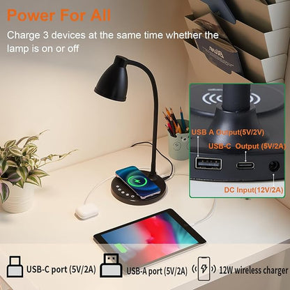 BOHON Desk Lamp for Home Office with USB C+A Charging Ports Timer Black | LED Desk Light with Wireless Charger 5 Colors Stepless Dimming Reading Light Touch Bedside Table Lamp for College Dorm Room