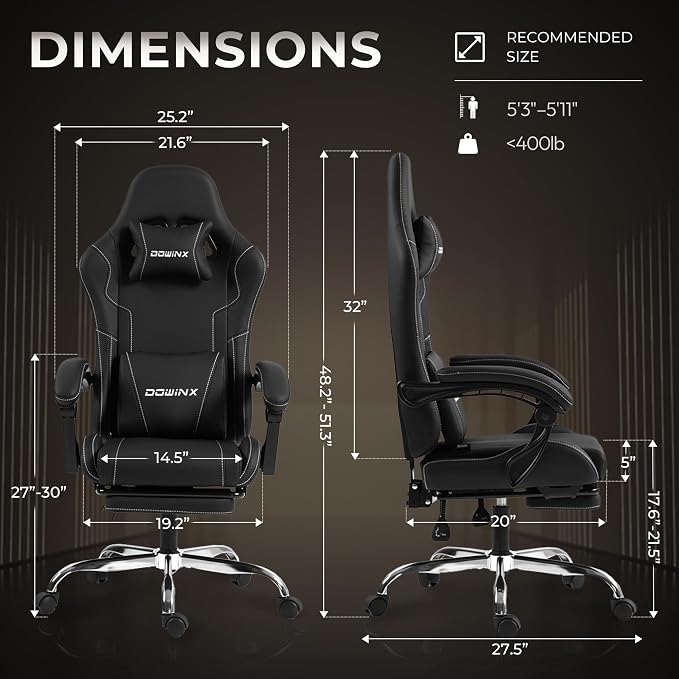 Dowinx Gaming Chair with Footrest, 330lbs Computer Chair 2D Lift Linkage Armrest, Massage Lumbar, Height Adjustable Ergonomic Comfy Video Game Chairs for Home Office Streaming, Long Gaming, Black