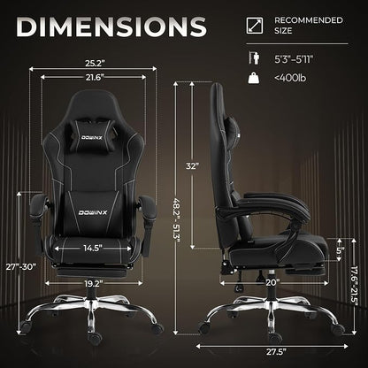 Dowinx Gaming Chair with Footrest, 330lbs Computer Chair 2D Lift Linkage Armrest, Massage Lumbar, Height Adjustable Ergonomic Comfy Video Game Chairs for Home Office Streaming, Long Gaming, Black