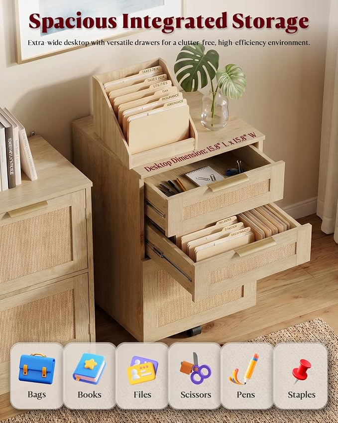 HOPUBUY 3 Drawer File Cabinet with Lock, Small Rattan Filing Cabinets with Wheels, Wood Rolling Office Storage for Under Desk Home Office,Natural