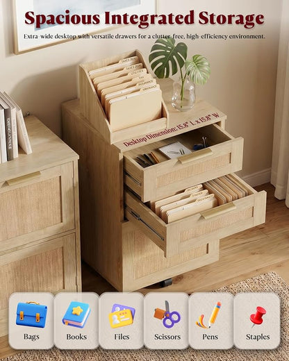 HOPUBUY 3 Drawer File Cabinet with Lock, Small Rattan Filing Cabinets with Wheels, Wood Rolling Office Storage for Under Desk Home Office,Natural