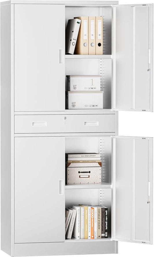 Metal Storage with 1 Drawer, 71" Cabinet with 4 Locking Doors and 2 Adjustable Shelves, Steel Storage File Cabinet for Pantry, Kitchen, Office, Garage (White)