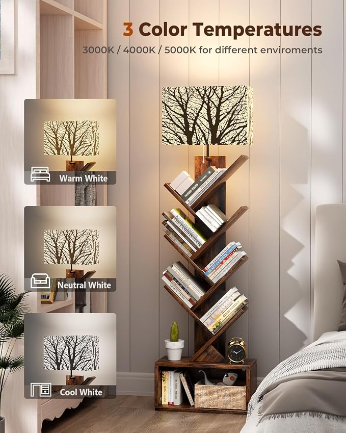 Evermagin Tree Bookshelf with Light, 6 Tier Small Bookcase, Narrow Floor Standing Book Tower Organizer with Storage Cabinet for Living Room, Bedroom and Home Office, Rustic Brown