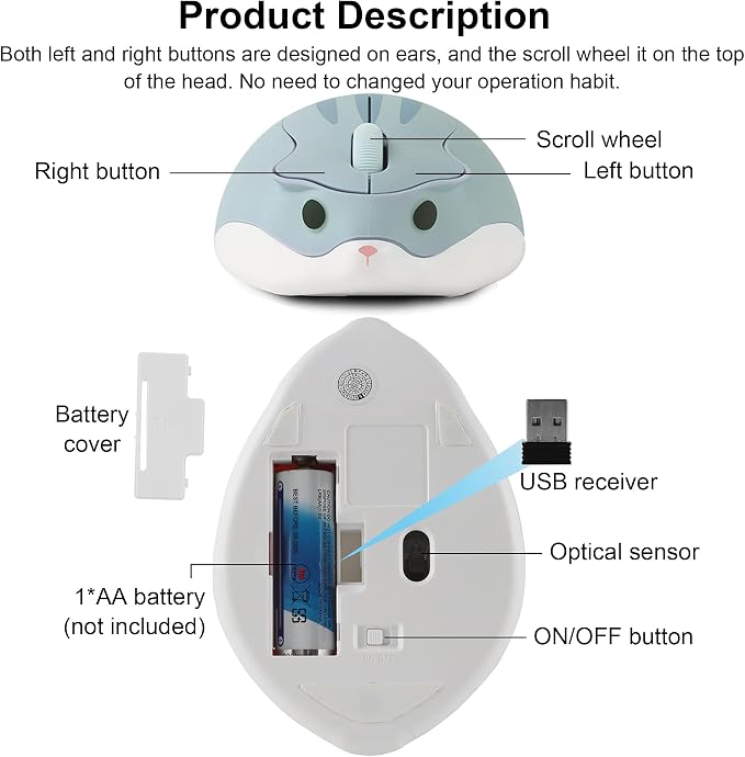 CHUYI Hamster Wireless Silent Mouse 1200DPI Cute Animal Small Cordless Portable Mice for Travel Home School Library Computer Laptop PC for Kids Gift (Light Blue)
