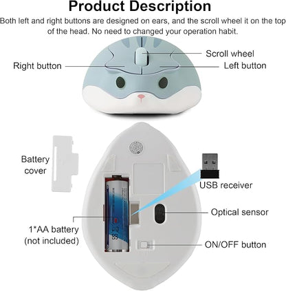 CHUYI Hamster Wireless Silent Mouse 1200DPI Cute Animal Small Cordless Portable Mice for Travel Home School Library Computer Laptop PC for Kids Gift (Light Blue)