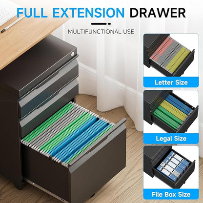 3 Drawer Mobile File Cabinet with Lock, Metal Filing Cabinet, Under Desk Rolling Small Filing Cabinet with Wheels for Home Office Storage, Fits Legal/A4/Letter/Document Size, Required Assembly, Black