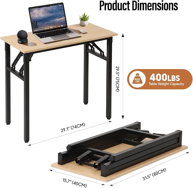 Panana Small Foldable Computer Desk, 31.5 inch Folding Home Office Desk for Small Spaces, Modern Simple Style for Home, Office, Study, Writing, No Assembly Required (Natural Wood, 31.5" x 15.7")