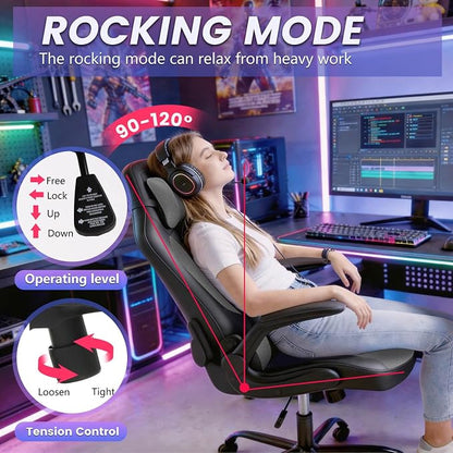 BestOffice Gaming Chair Office High-Back PU Leather Racing Chair Reclining Computer Executive Desk Chair with Lumbar Support Adjustable Arms Rolling Swivel Chair for Women, Men(Grey)