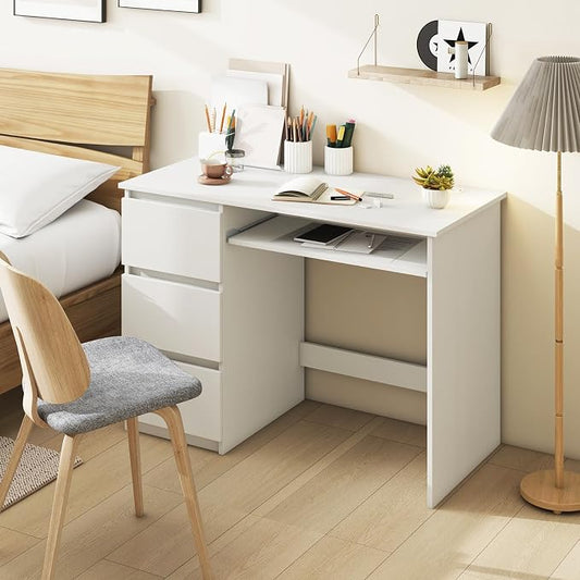 Giantex White Desk with Drawers, Modern Computer Desk with Charging Station & Keyboard Tray, Laptop PC Computer Workstation, Study Writing Desk for Bedroom