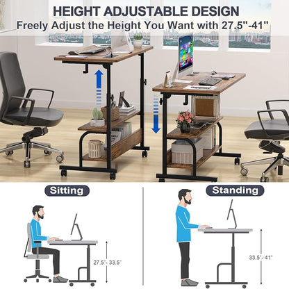 Armocity Rolling Standing Desk with Charging Station, Portable Height Adjustable Mobile Computer Desk with Wheels & 2-Tier Shelves & Hooks, Easy Assembly Laptop Table for Couch Bed, 32" Rustic Brown