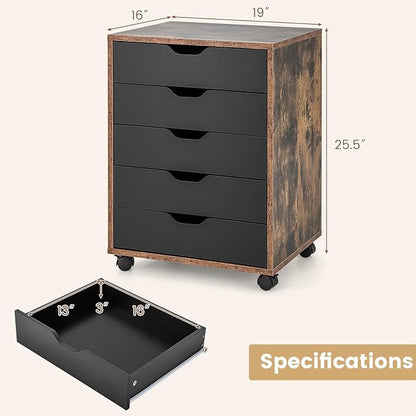 5 Drawer File Cabinet, 26.5" Vertical Filling Cabinet for Home Office, Under Desk Office Drawer Organizer, Universal & Lockable Casters, Rolling Printer Storage Rack