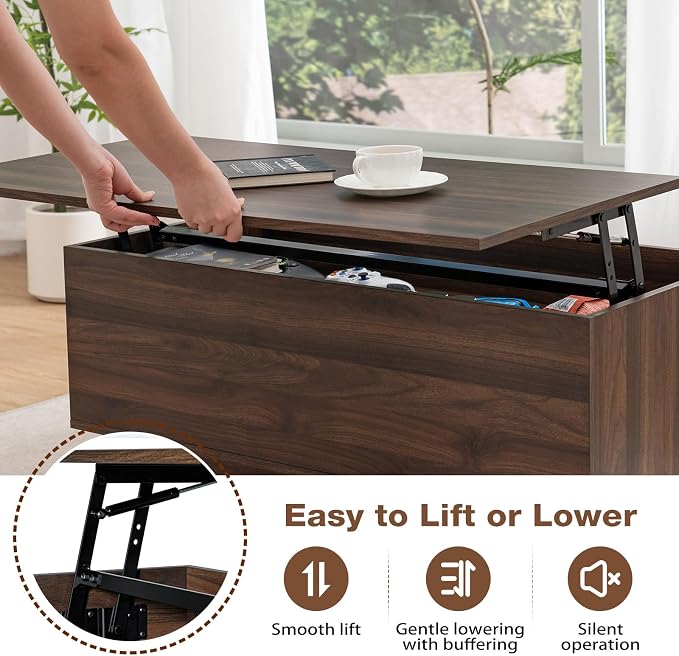 HOMMPA 40'' Lift Top Coffee Table for Living Room, Walnut Coffee Tables with Storage, LED Modern Coffee Table Rectangular Wooden Gloss, Flip Top Center Table with 2 Drawers and Hidden Compartment